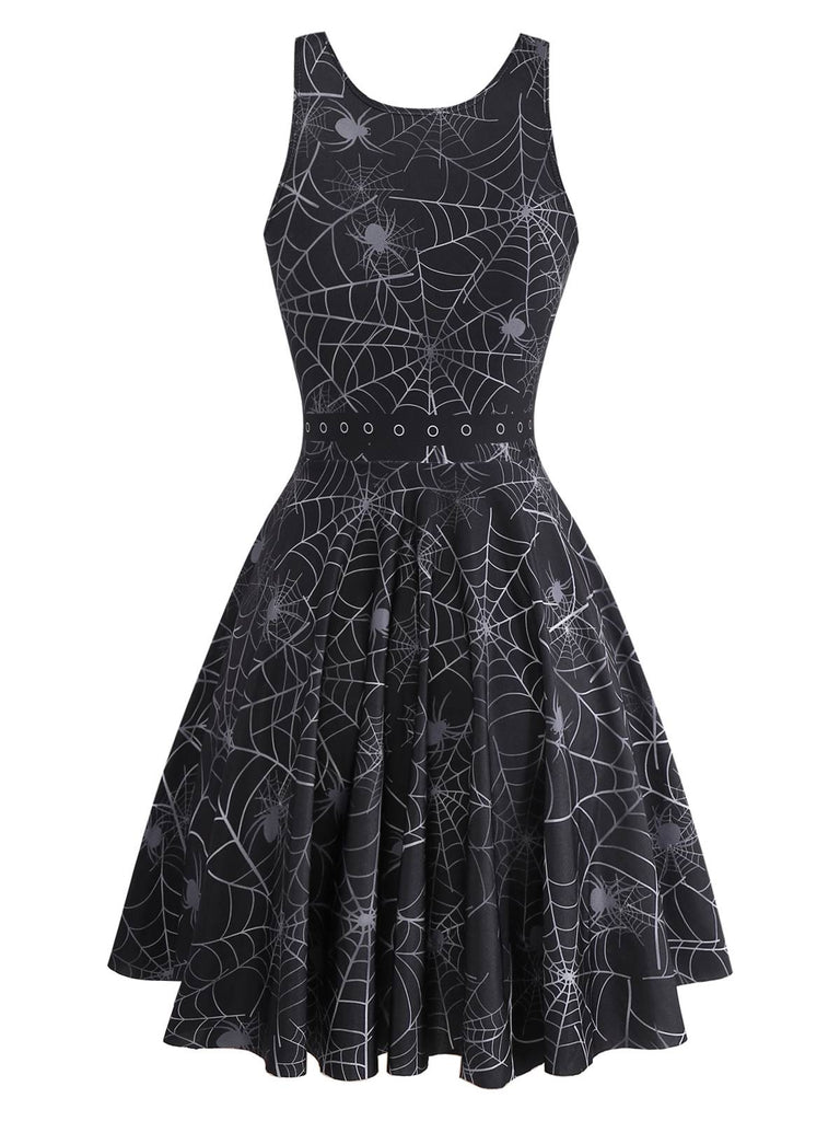 Black 1950s Halloween Spider Web Sleeveless Dress