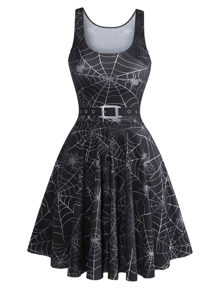 Black 1950s Halloween Spider Web Sleeveless Dress