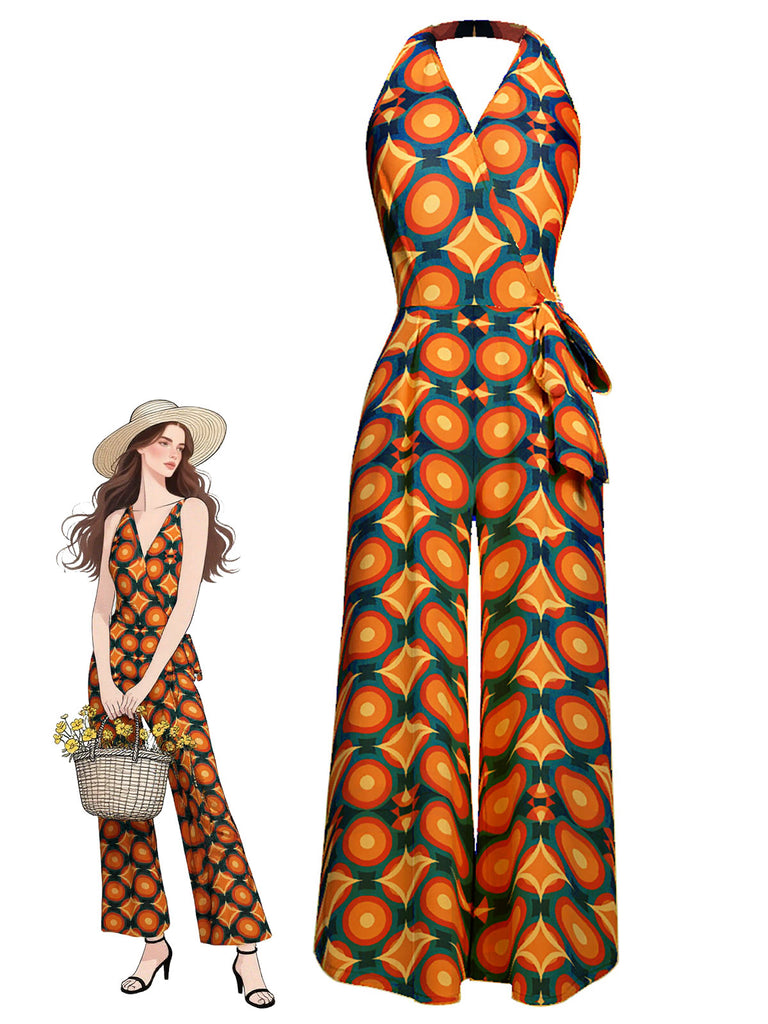 [Pre-Sale] Orange 1970s Halter Geometric Print Jumpsuit