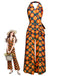 [Pre-Sale] Orange 1970s Halter Geometric Print Jumpsuit