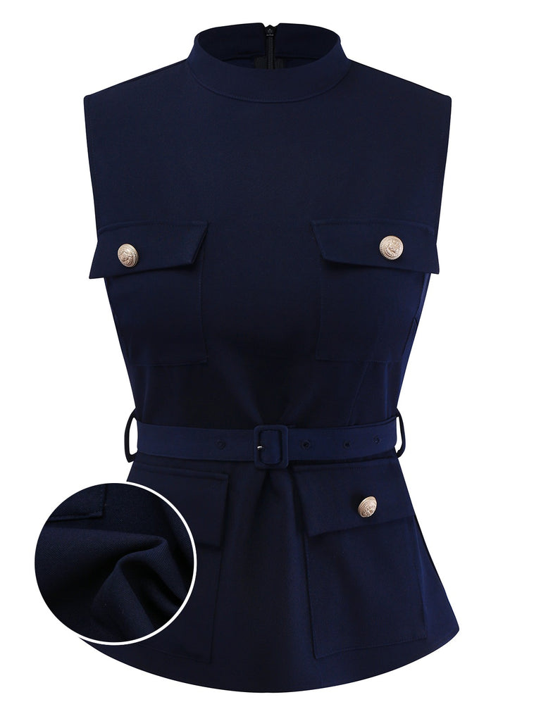 [Pre-Sale] Navy Blue 1950s Stand Collar Sleeveless Multi-Pocket Top