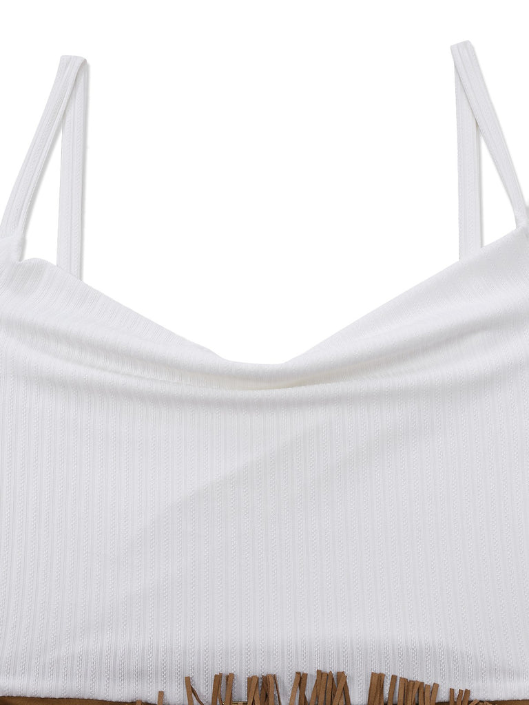 [Pre-Sale] Khaki 1970s Cowl Neck High-Low Slit Fringe Dress