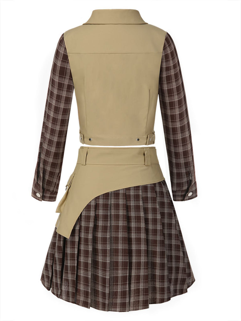 [Pre-Sale] 2PCS Khaki & Brown 1960s Plaid Patchwork Jacket & Pleated Skirt