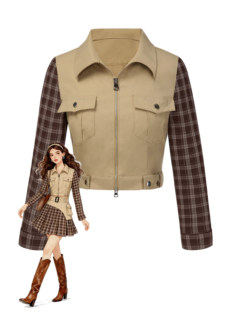 [Pre-Sale] Khaki 1960s Lapel Tartan Plaids Zipper Jacket