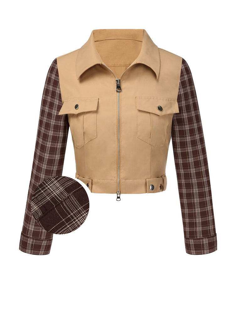 [Pre-Sale] Khaki 1960s Lapel Tartan Plaids Zipper Jacket