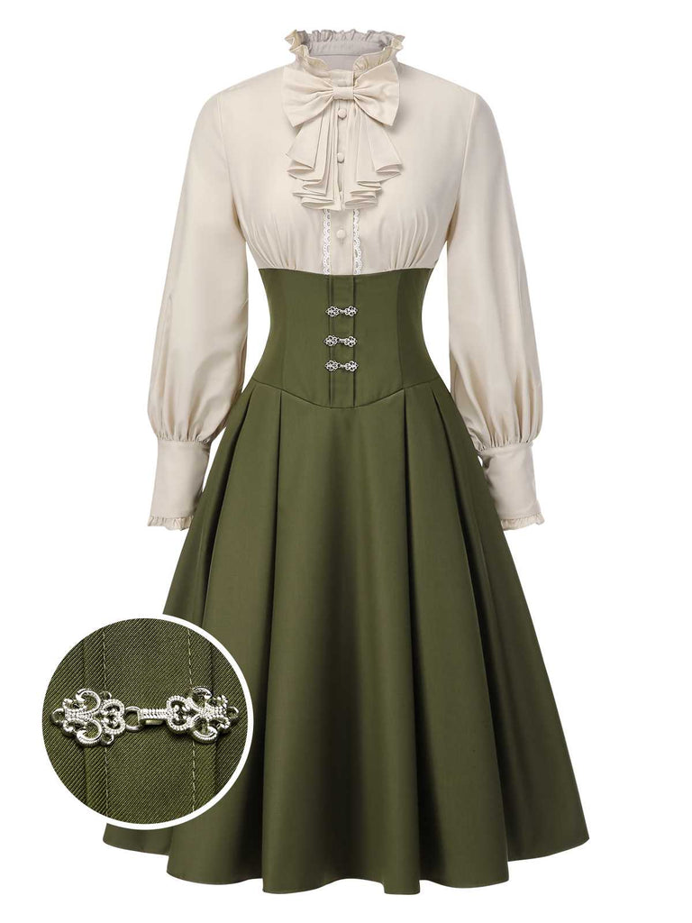 [Pre-Sale] 1950s Victorian Bow Tie Ruffled Long Sleeve Dress