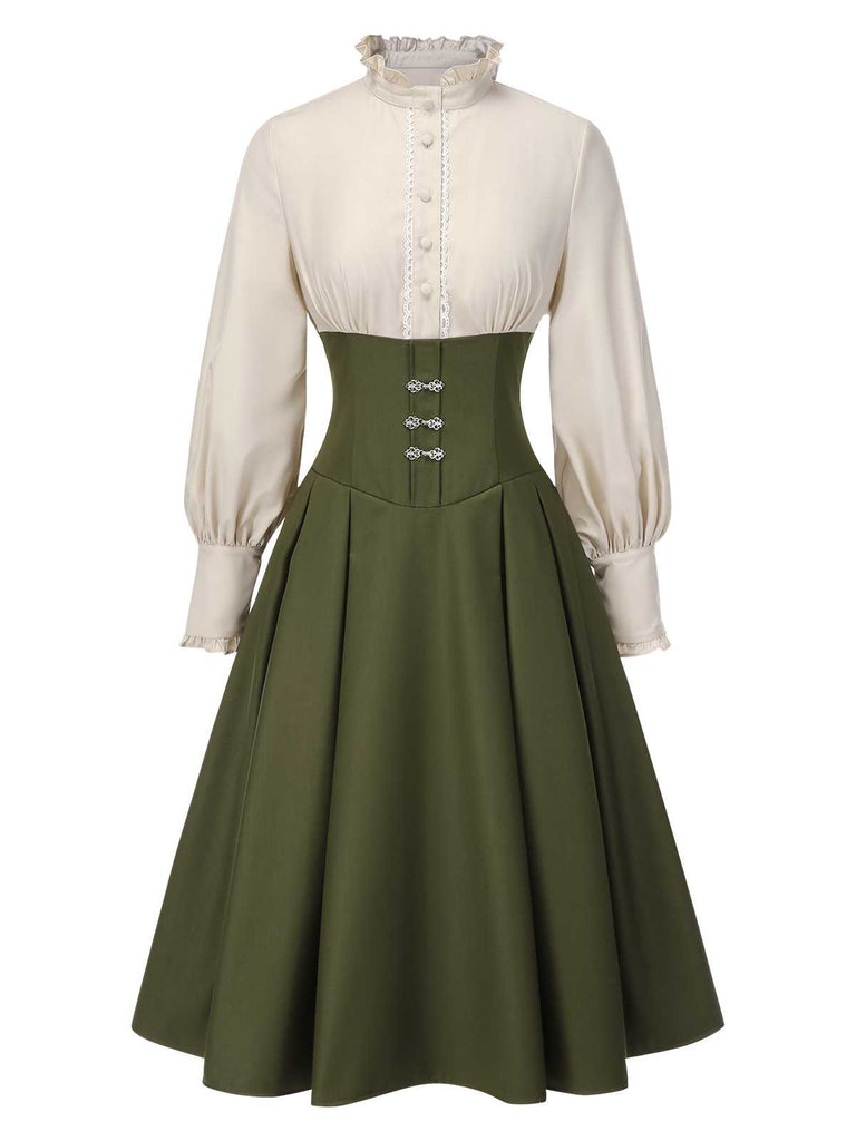 [Pre-Sale] 1950s Victorian Bow Tie Ruffled Long Sleeve Dress