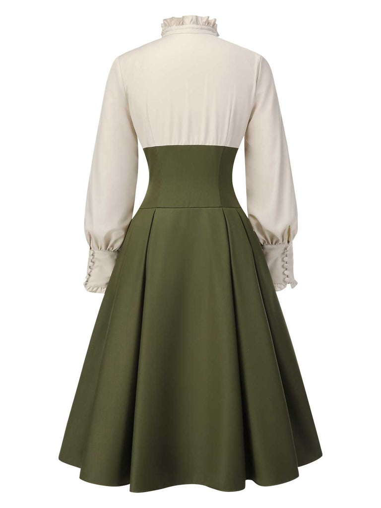 [Pre-Sale] 1950s Victorian Bow Tie Ruffled Long Sleeve Dress
