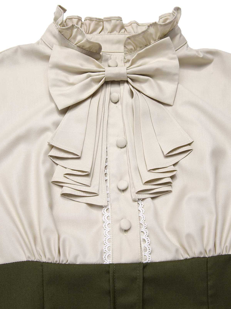 [Pre-Sale] 1950s Victorian Bow Tie Ruffled Long Sleeve Dress