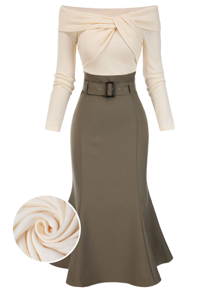 [Pre-Sale] Khaki 1930s Off Shoulder Knit Belt Mermaid Dress