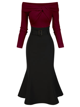 [Pre-Sale] Black 1930s Off Shoulder Knit Belt Mermaid Dress