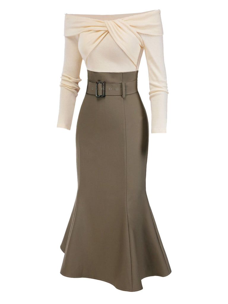 [Pre-Sale] Khaki 1930s Off Shoulder Knit Belt Mermaid Dress