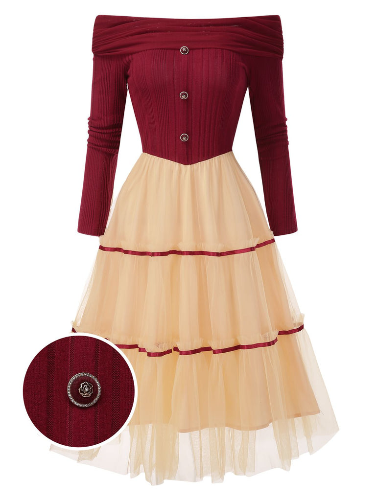 [Pre-Sale] Red 1950s Off-Shoulder Brushed Knit Tulle Cake Dress