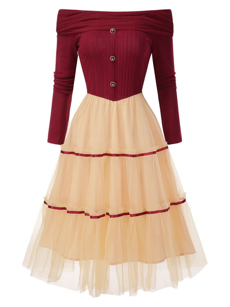 [Pre-Sale] Red 1950s Off-Shoulder Brushed Knit Tulle Cake Dress