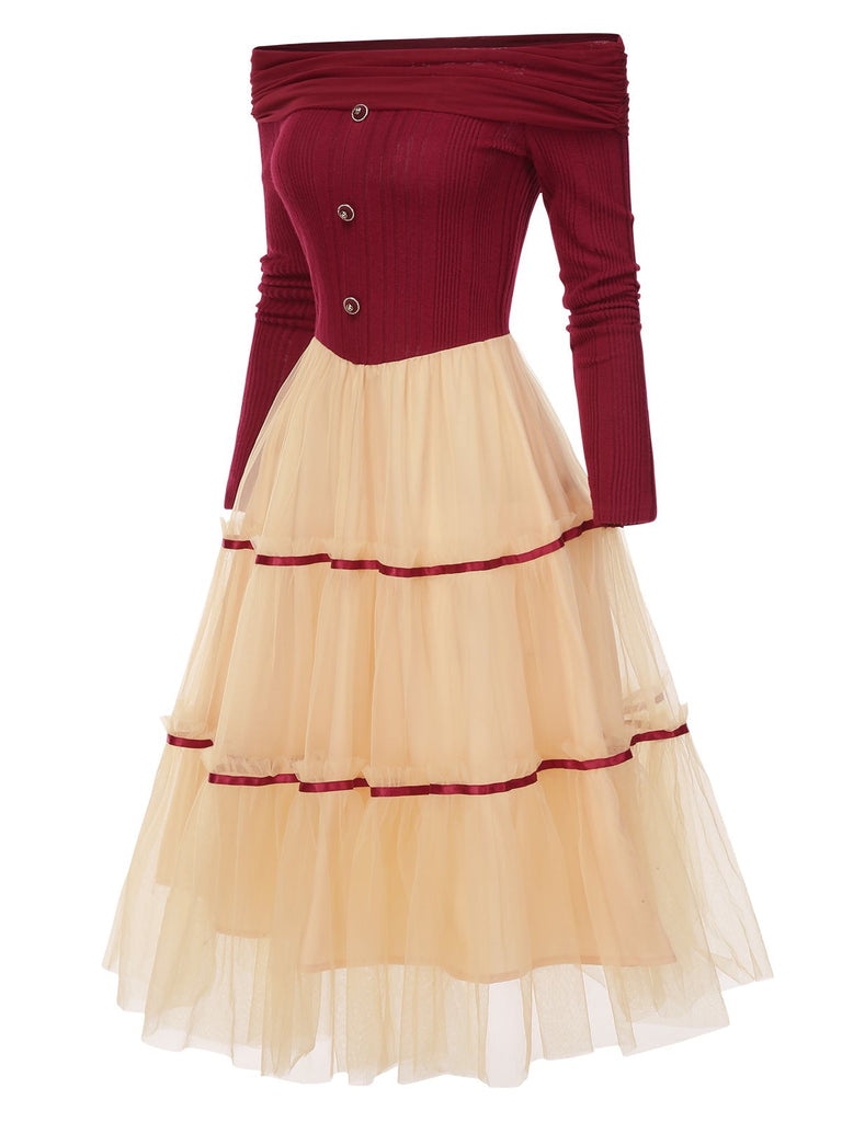 [Pre-Sale] Red 1950s Off-Shoulder Brushed Knit Tulle Cake Dress