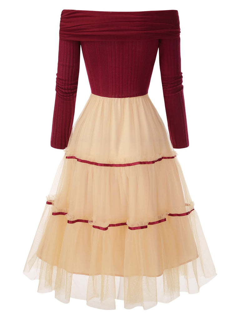 [Pre-Sale] Red 1950s Off-Shoulder Brushed Knit Tulle Cake Dress