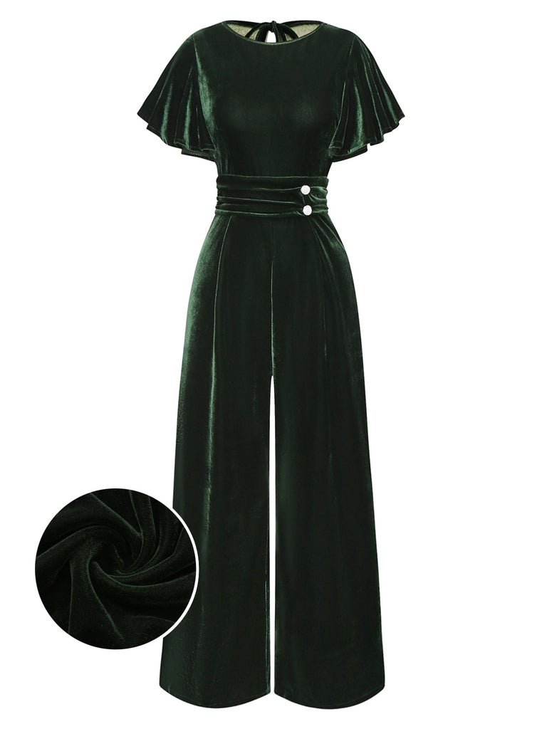 [Pre-Sale] Green 1940s Velvet Ruffle Sleeve Lace Open Back Jumpsuit