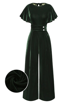 [Pre-Sale] Green 1940s Velvet Ruffle Sleeve Lace Open Back Jumpsuit