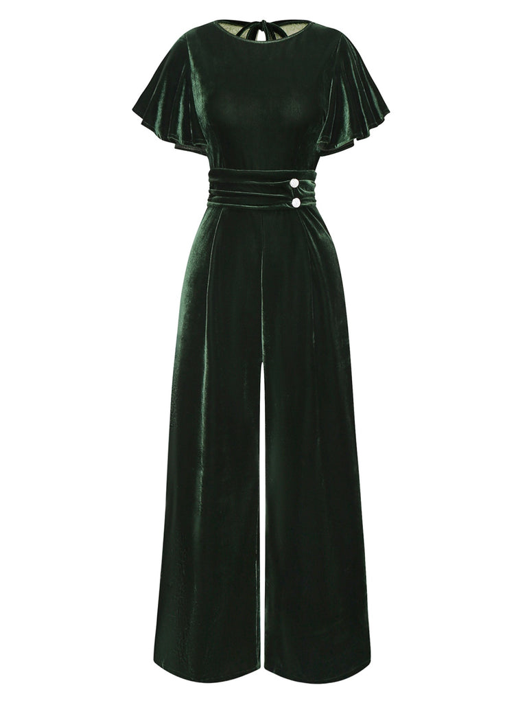 [Pre-Sale] Green 1940s Velvet Ruffle Sleeve Lace Open Back Jumpsuit