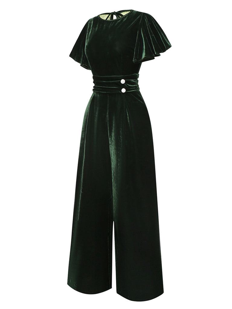 [Pre-Sale] Green 1940s Velvet Ruffle Sleeve Lace Open Back Jumpsuit