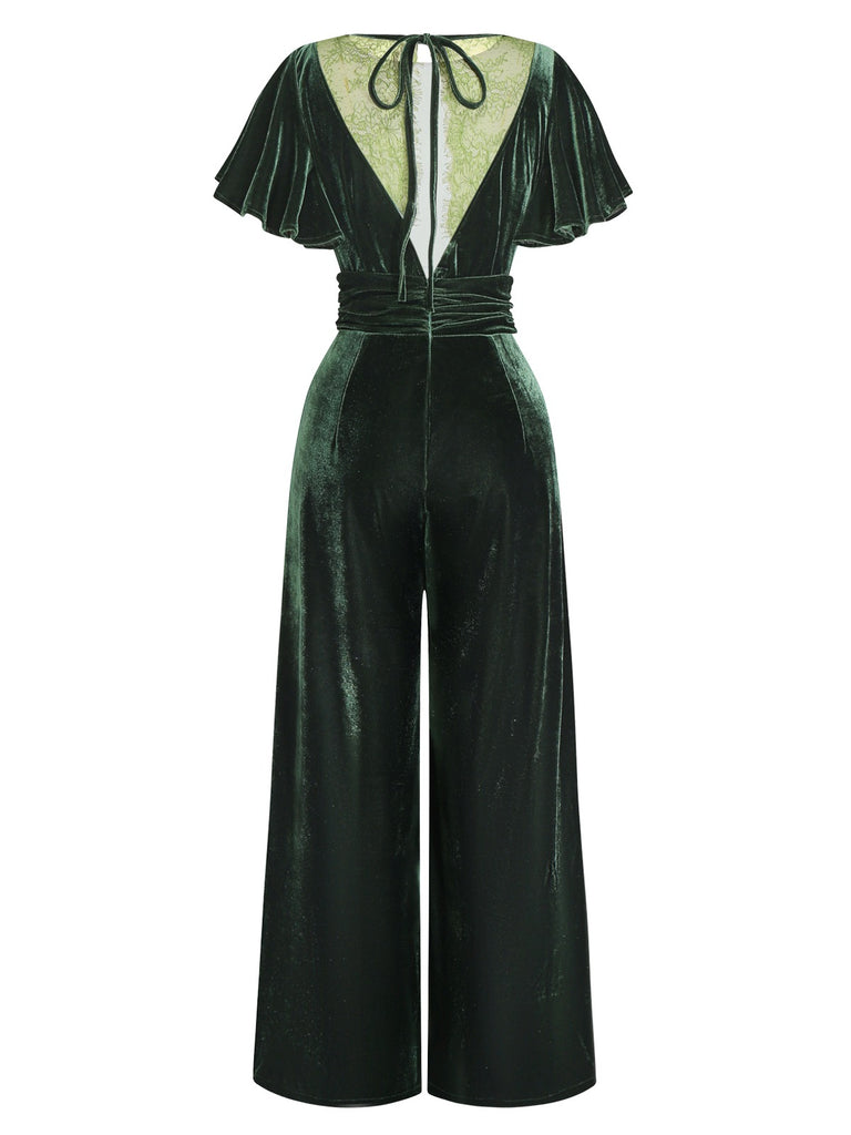 [Pre-Sale] Green 1940s Velvet Ruffle Sleeve Lace Open Back Jumpsuit