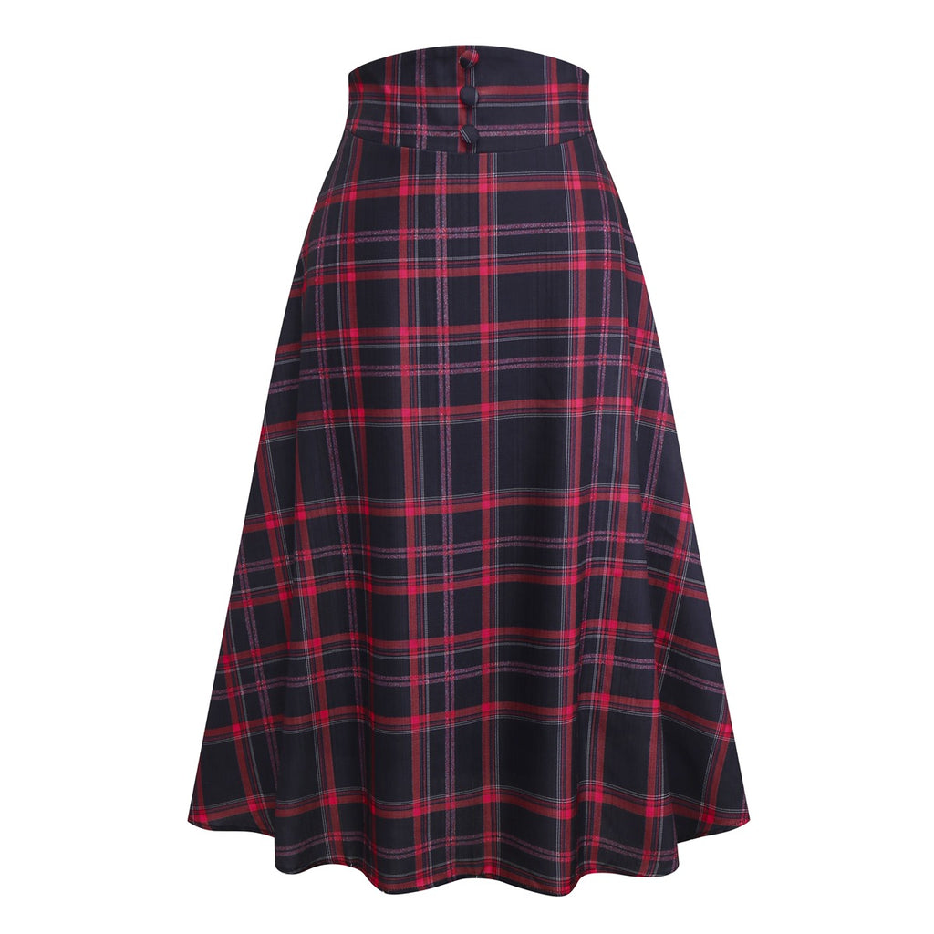 [Pre-Sale] Black 1940s High Waisted Plaid Midi Skirt