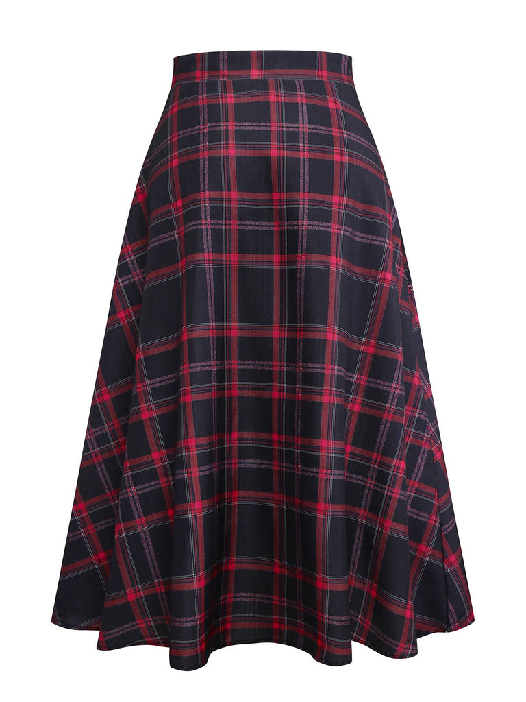 [Pre-Sale] Black 1940s High Waisted Plaid Midi Skirt