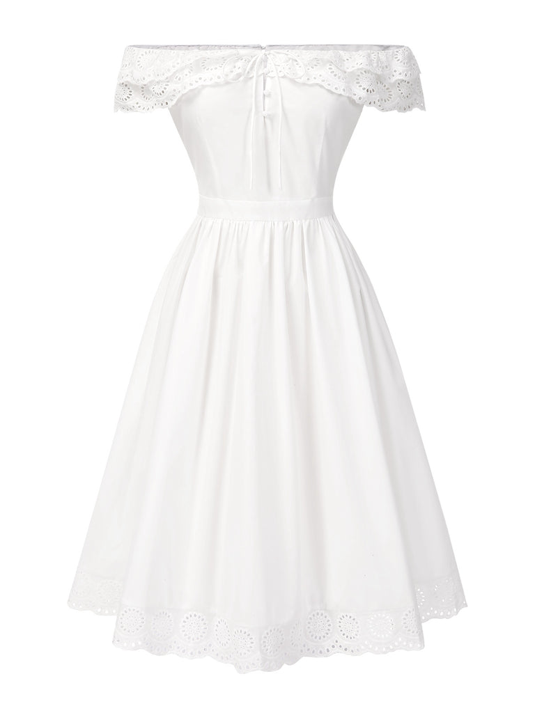 [Pre-Sale] White 1950s Off-Shoulder Cut-Out Floral Dress