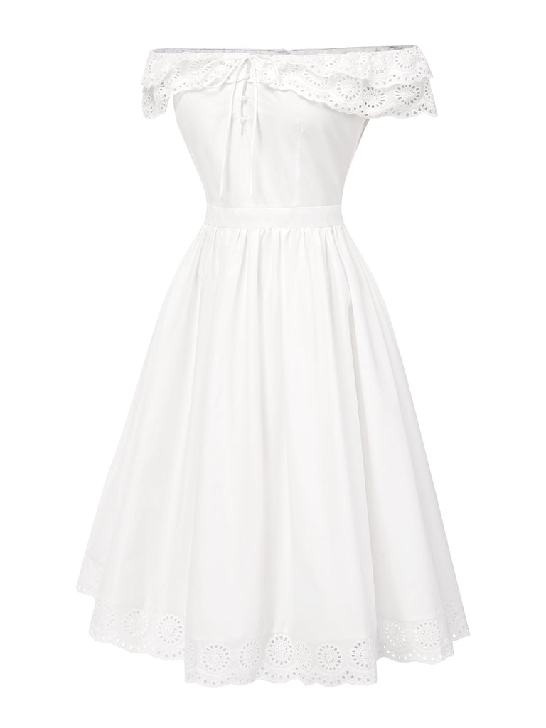 [Pre-Sale] White 1950s Off-Shoulder Cut-Out Floral Dress