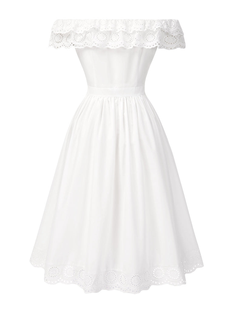 [Pre-Sale] White 1950s Off-Shoulder Cut-Out Floral Dress