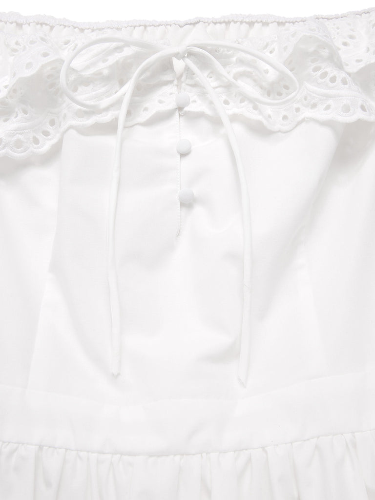 [Pre-Sale] White 1950s Off-Shoulder Cut-Out Floral Dress