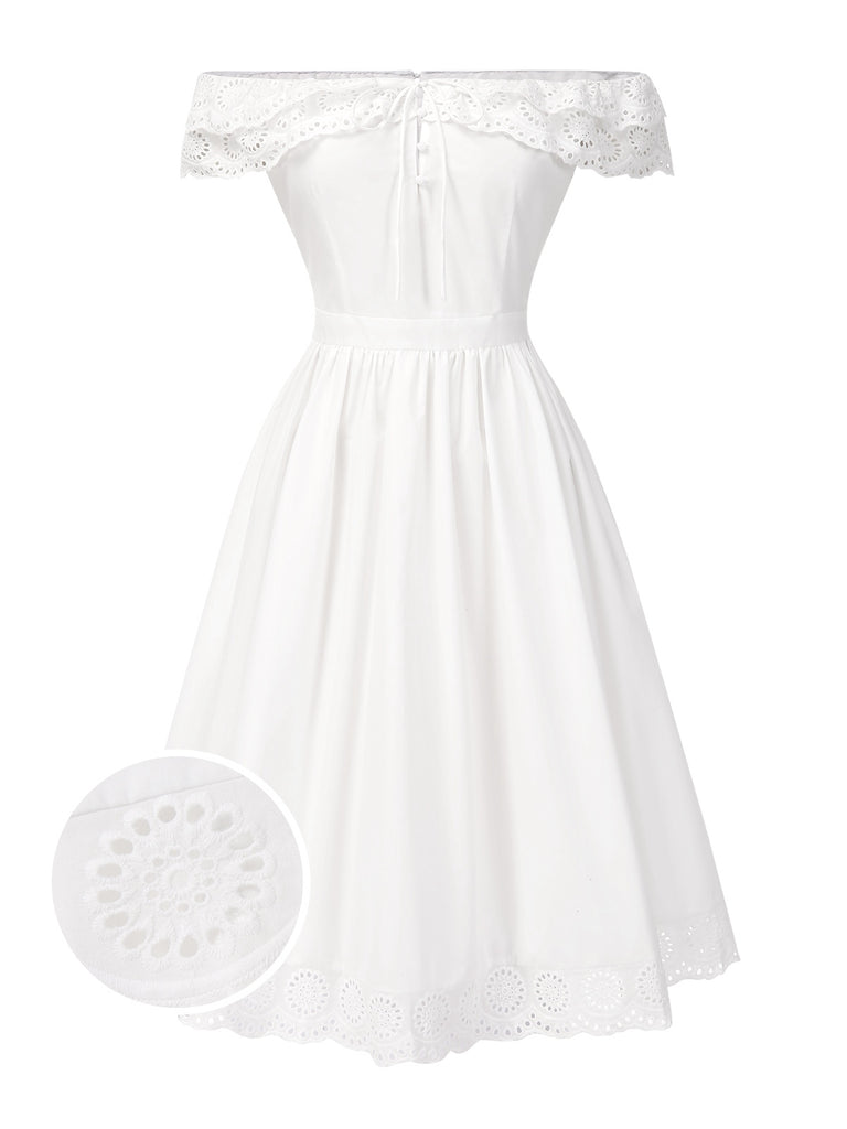 [Pre-Sale] White 1950s Off-Shoulder Cut-Out Floral Dress