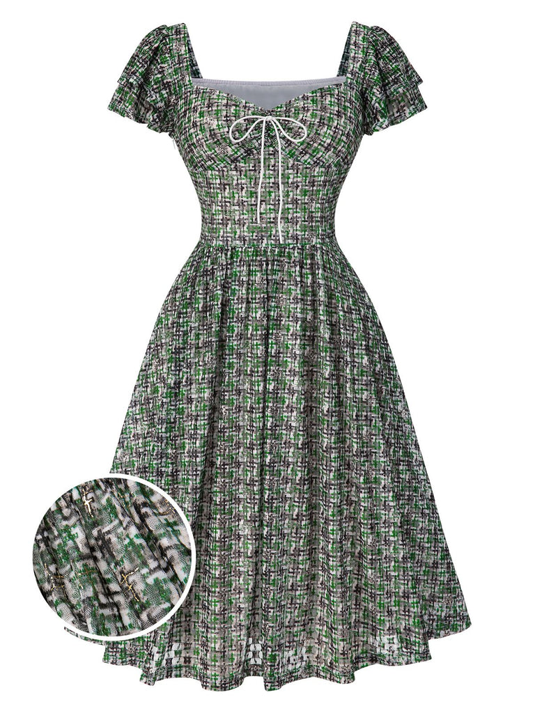 [Pre-Sale] Green 1950s Double Ruffle Sleeve Bow Plaid Mesh Dress