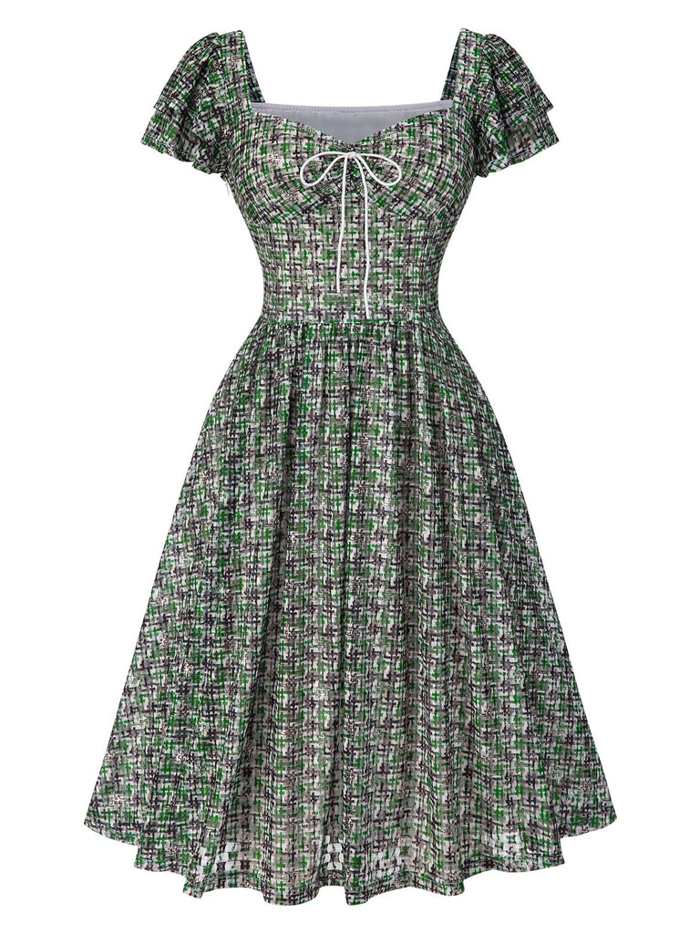 [Pre-Sale] Green 1950s Double Ruffle Sleeve Bow Plaid Mesh Dress
