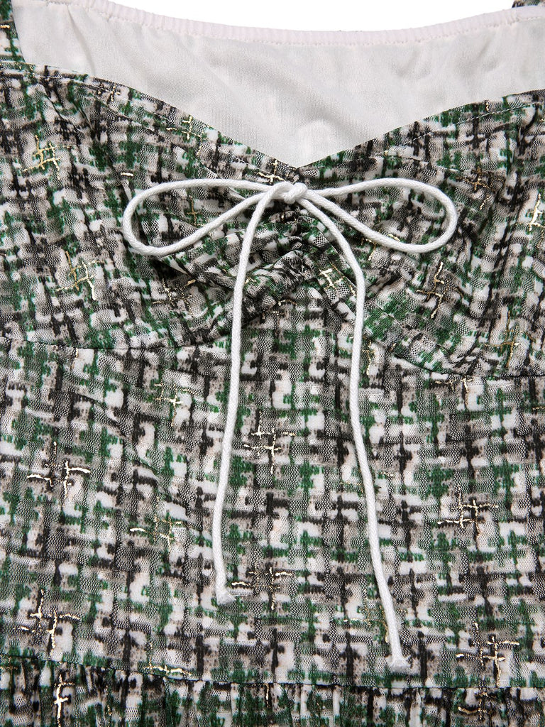 [Pre-Sale] Green 1950s Double Ruffle Sleeve Bow Plaid Mesh Dress