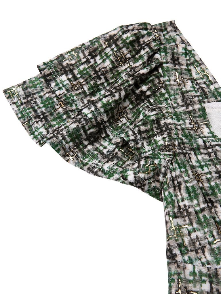 [Pre-Sale] Green 1950s Double Ruffle Sleeve Bow Plaid Mesh Dress
