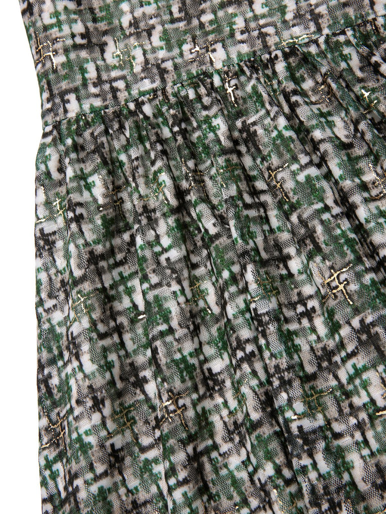 [Pre-Sale] Green 1950s Double Ruffle Sleeve Bow Plaid Mesh Dress