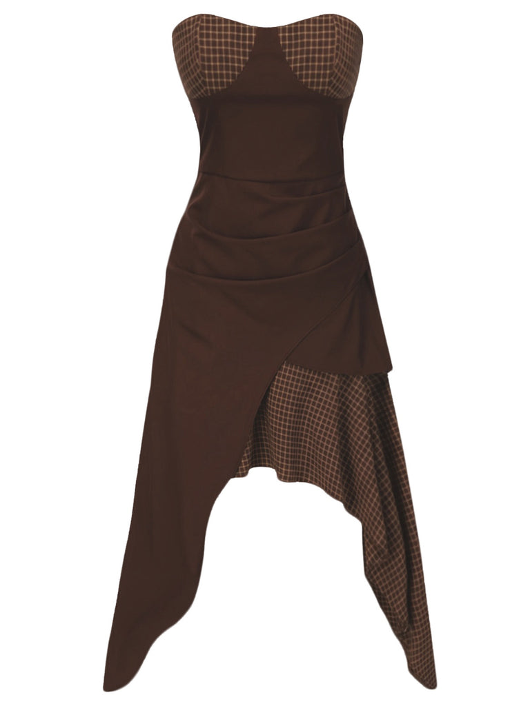 [Pre-Sale] Brown 1970s Cotton Strapless Plaid Irregular Ruffled Dress