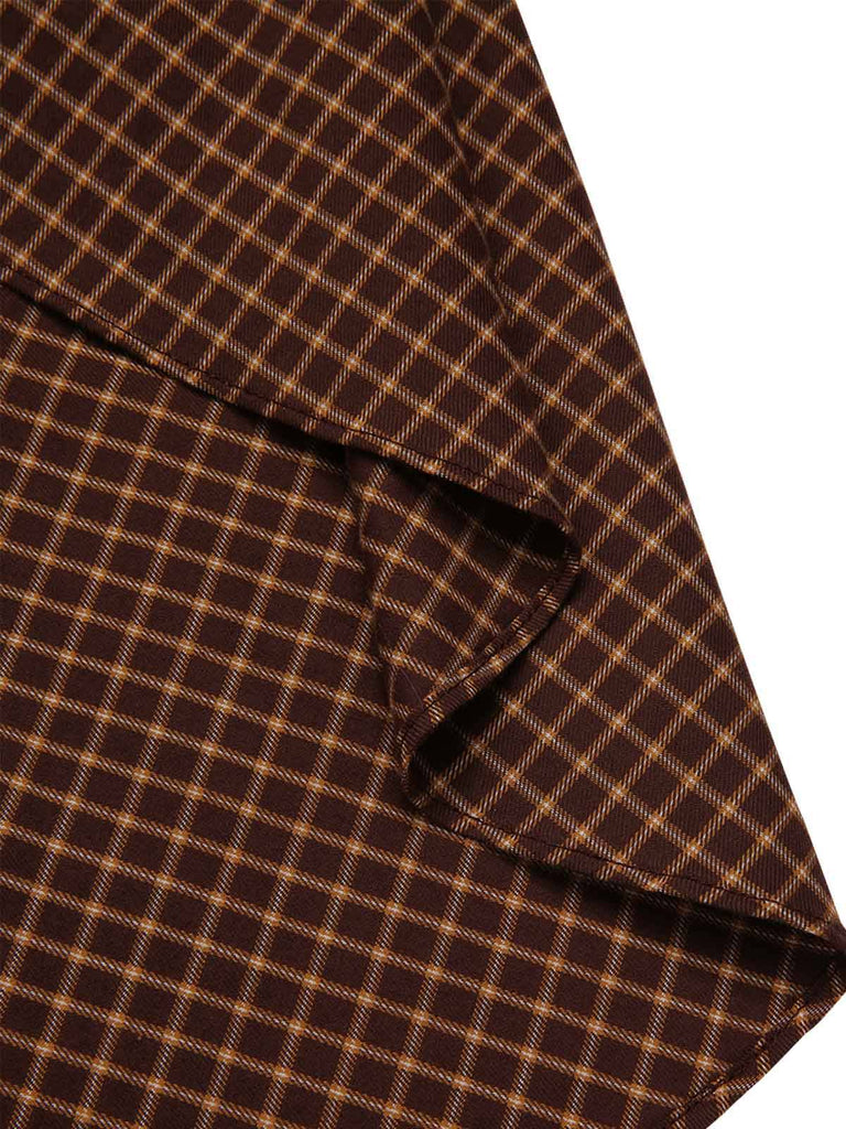 [Pre-Sale] Brown 1970s Cotton Strapless Plaid Irregular Ruffled Dress