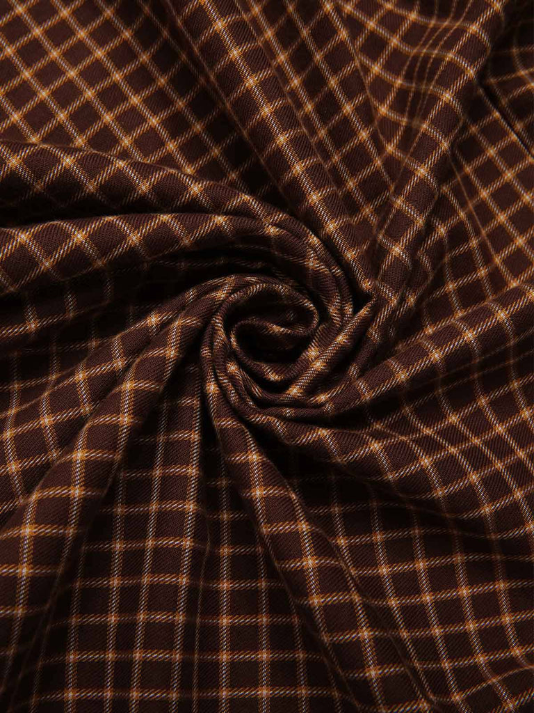 [Pre-Sale] Brown 1970s Cotton Strapless Plaid Irregular Ruffled Dress