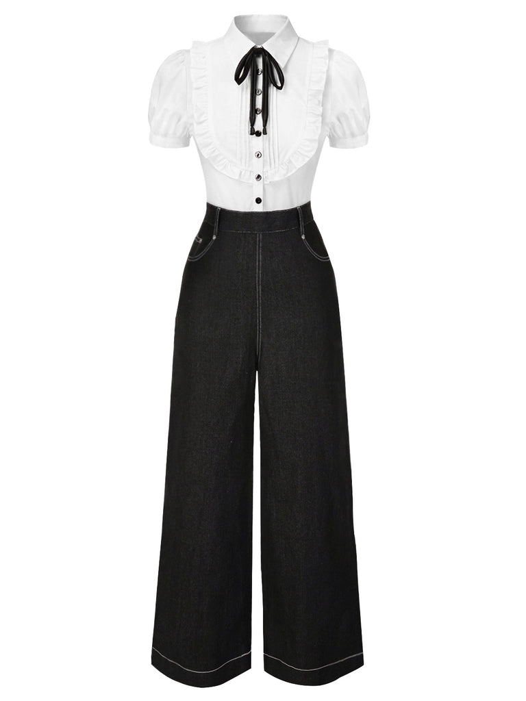 [Pre-Sale] Black 1930s Shirt Collar Box-Pleat Denim Jumpsuit