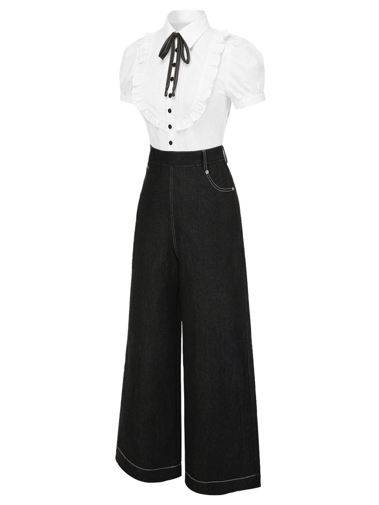 [Pre-Sale] Black 1930s Shirt Collar Box-Pleat Denim Jumpsuit