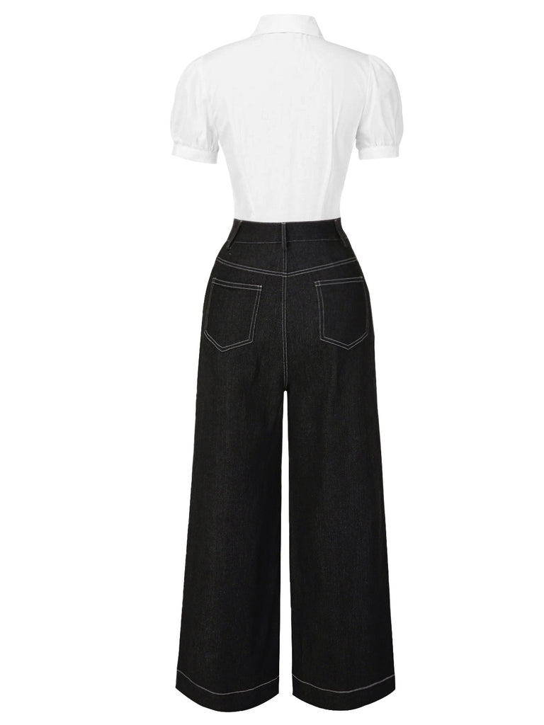 [Pre-Sale] Black 1930s Shirt Collar Box-Pleat Denim Jumpsuit