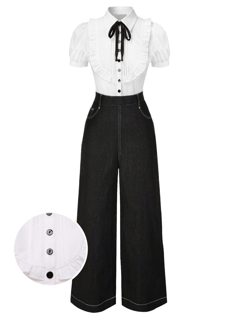 [Pre-Sale] Black 1930s Shirt Collar Box-Pleat Denim Jumpsuit