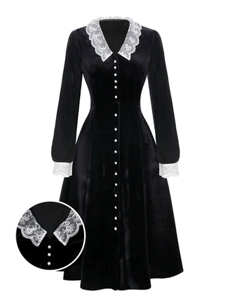 [Pre-Sale] Black 1940s Lace Lapel V-Neck Velvet Dress
