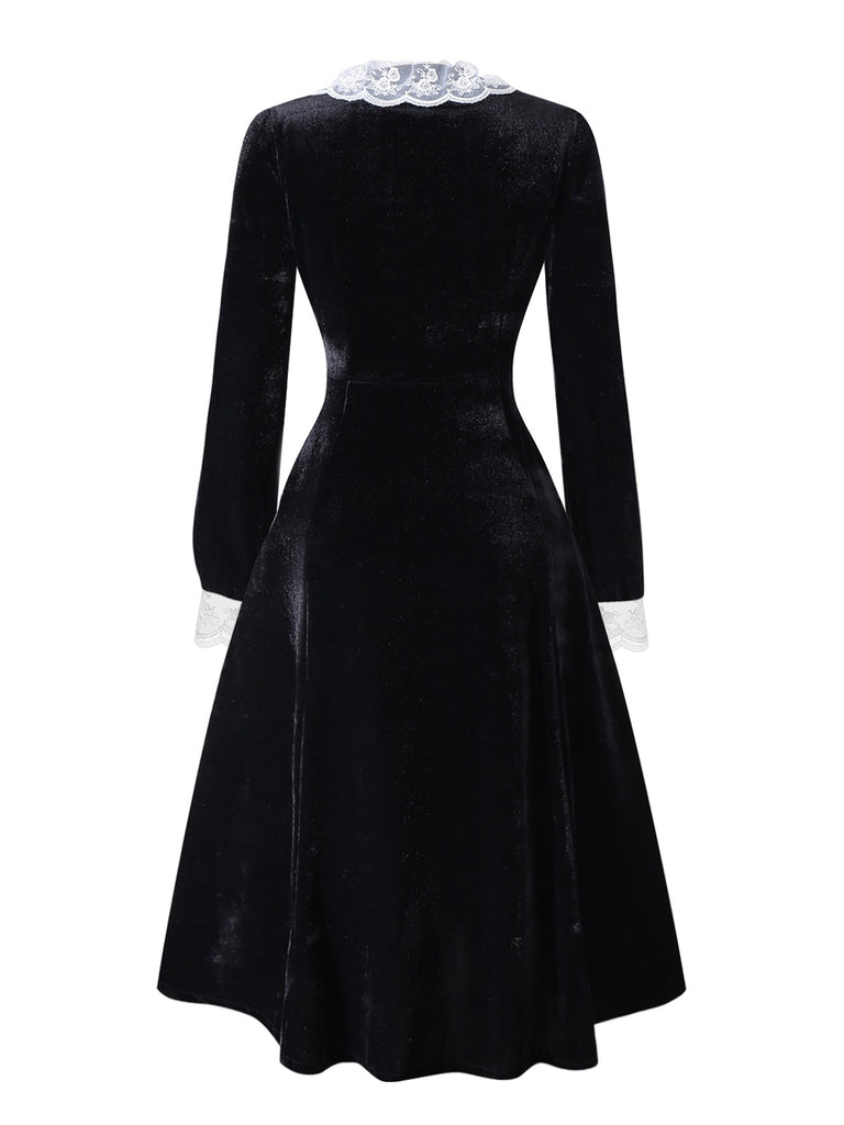 [Pre-Sale] Black 1940s Lace Lapel V-Neck Velvet Dress