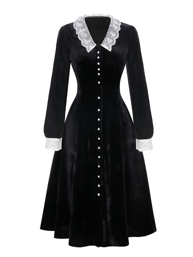 [Pre-Sale] Black 1940s Lace Lapel V-Neck Velvet Dress