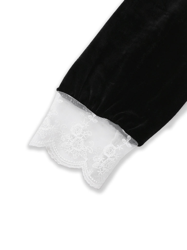 [Pre-Sale] Black 1940s Lace Lapel V-Neck Velvet Dress