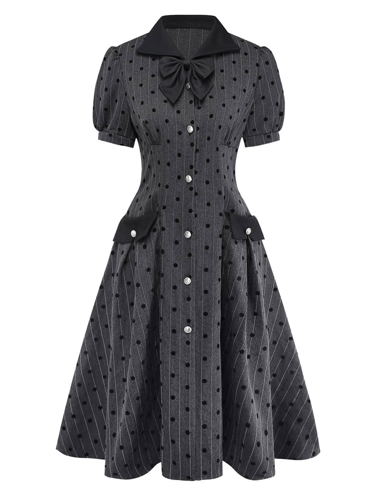 [Pre-Sale] Gray 1950s Flocked Polka Dot Puff Dress