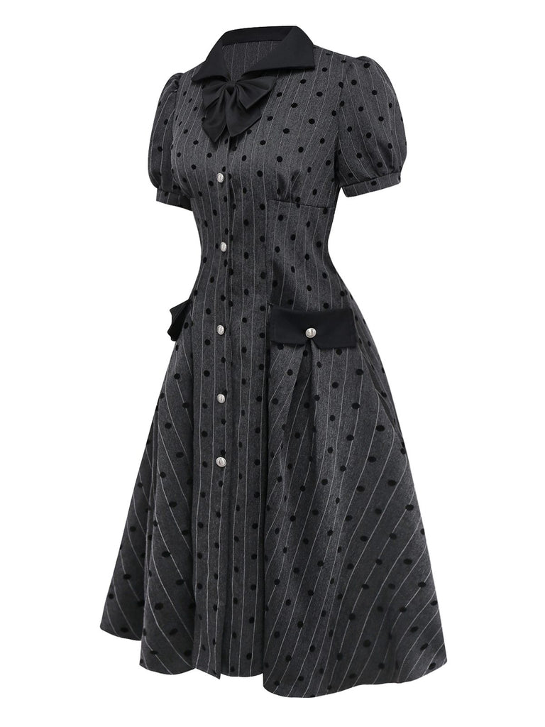 [Pre-Sale] Gray 1950s Flocked Polka Dot Puff Dress